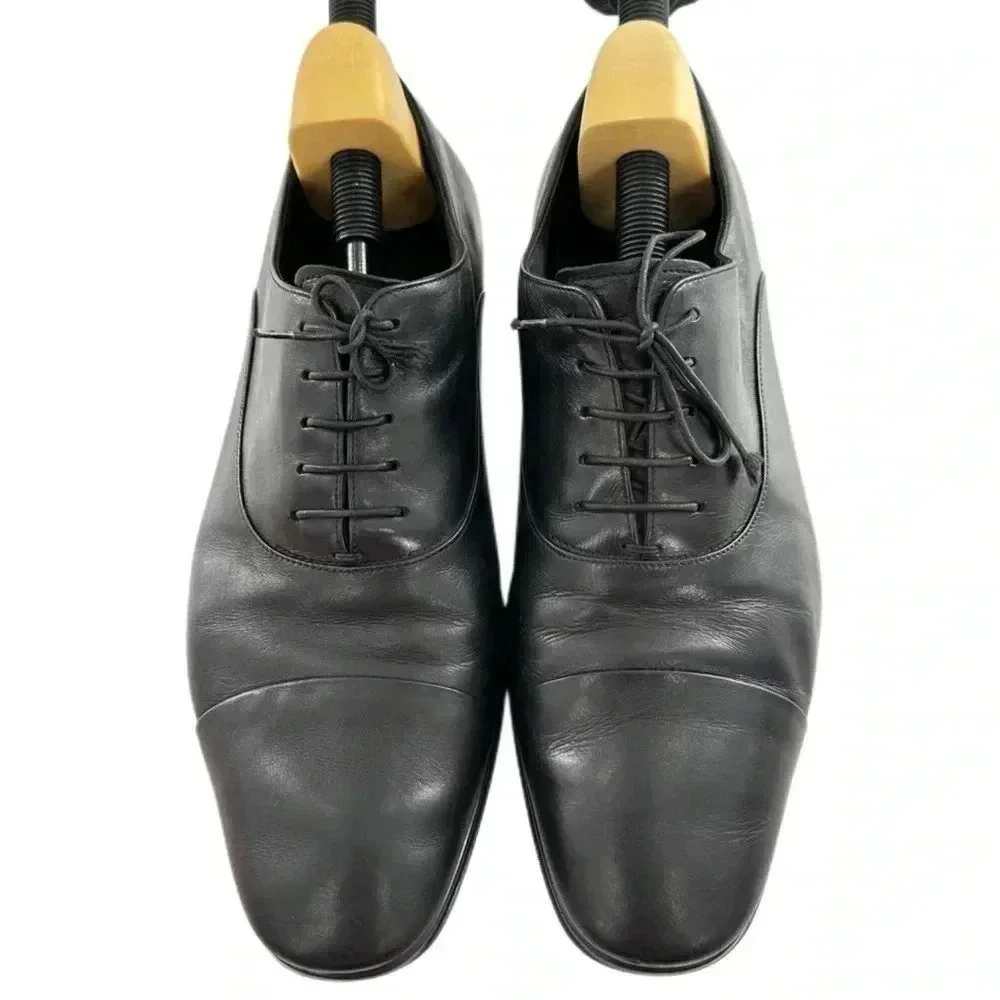 Salvatore Ferragamo mens dress shoes 10 rain lux black Italian leather cap toe
